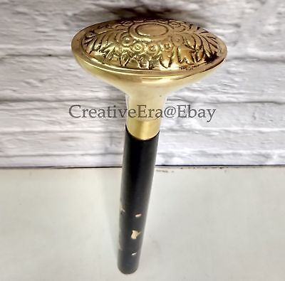 Brass Head Handle Head Antique Walking Stick Black Wooden Brass Inlaid Cane Gift