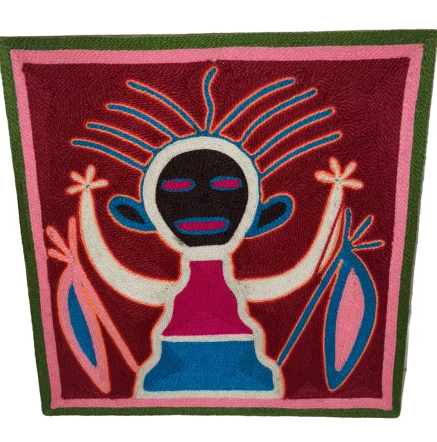 Vintage Huichol Mexican Mexico Folk Art Yarn Painting Handmade Kokopelli Mola