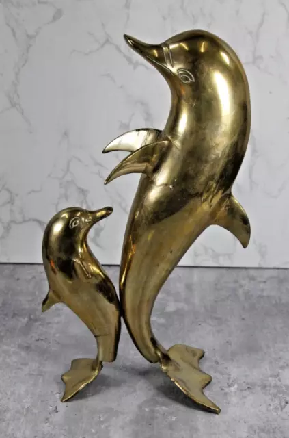 Vintage Large Brass Dolphin And Baby - H29cm