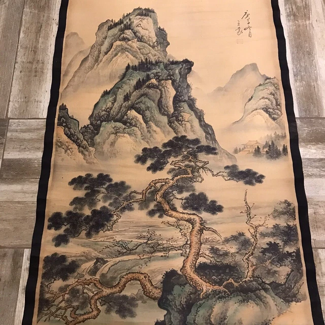 Chinesisches altes hängendes Landschaftsgemälde mit Rollenmontage, signiert