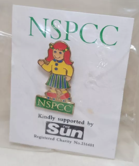 Nspcc The Sun Girl Doll Pin Badge Retro Charity Collectables Advertising