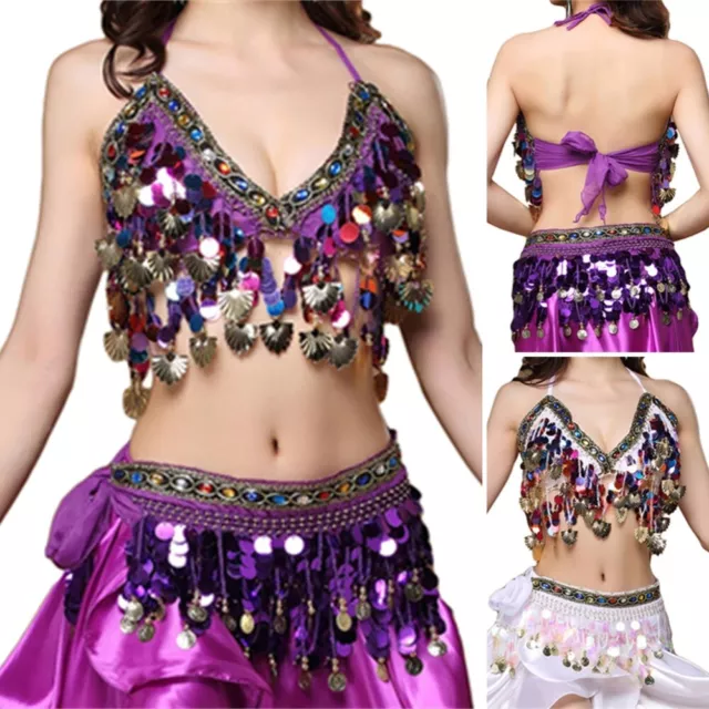 Belly Dance Costume Bra Top Belt Hip Scarf Satin Skirt Bollywood Carnival  Set