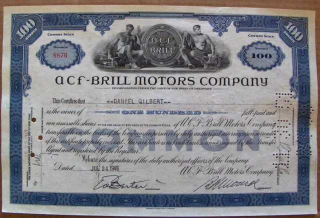 Stock Certificate ACF-Brill Motors Company. 1940s 100 shares State of Delaware