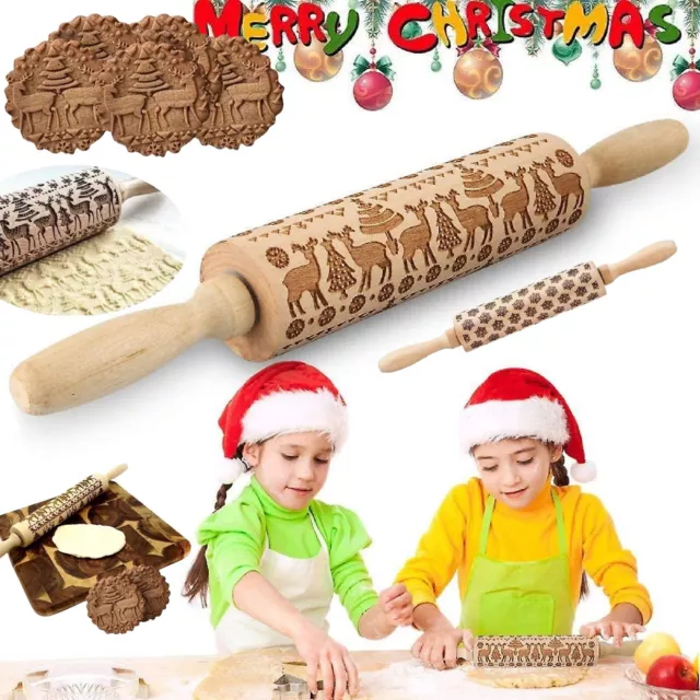 Christmas Rolling Pin Wooden Embossing Rolling Pin Engraved Baking Cake Roller