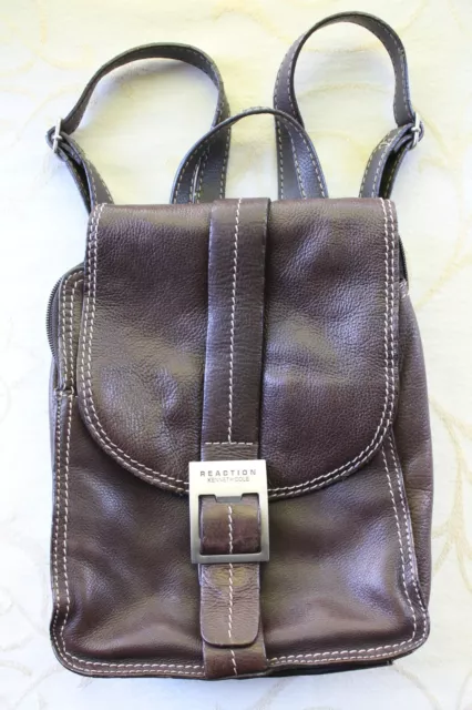 Kenneth Cole Reaction Small Backpack Purse Dark Brown Leather Silver Buckle