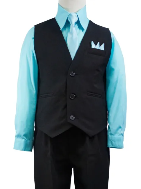 Boys Solid Black Vest Suit Set with Colored Dress Shirt, Tie, Size 2T-14 Wedding 3