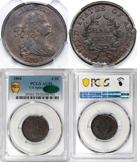 1804 1/2c C-6 Spiked Chin Draped Bust Half Cent PCGS and CAC AU 55