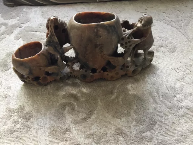 Antique Chinese Hand-Carved Soapstone Brush Pot - Monkey & Birds