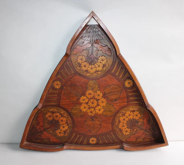 Plateau Ancien Marqueterie Fleurs - Bois, Bronze, Laiton - France 1920-1949