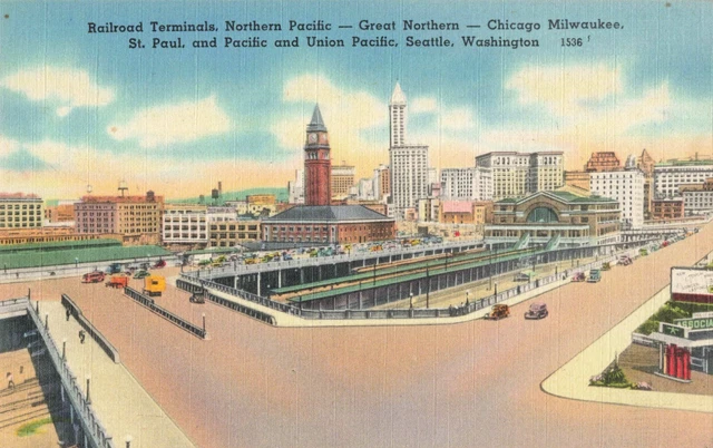 Seattle WA, Railroad Terminals Chicago Milwaukee Union Pacific etc, VTG Postcard