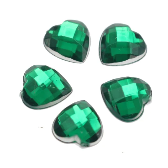 100 Green Acrylic Faceted Heart Flatback Rhinestone Gems 12X12mm No Hole