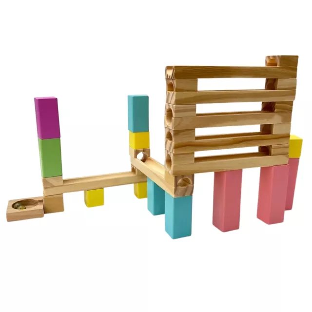 WOODEN 30 piece MARBLE RUN with six coloured glass marbles