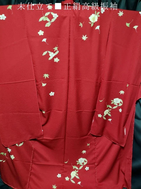 Kimono only Untailored Yuzen Sakura long sleeves Japanese furisode unused #100