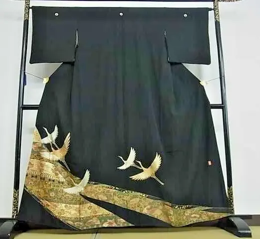 Japanese Kimono Tomesode Black/Silk Luxury Cranes Gold Leaf/kimono case08/2items