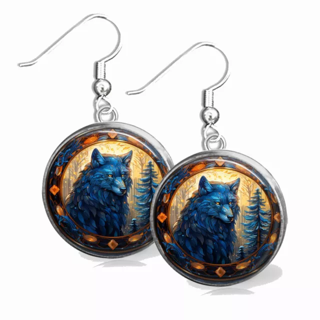 Wolf in Feathers Earrings .925 Sterling Wire 20mm Dangle Wolf Lover Gift