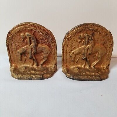 Vintage 1930 Cast Iron Bookends Pair Indian on Horse End of the Trail