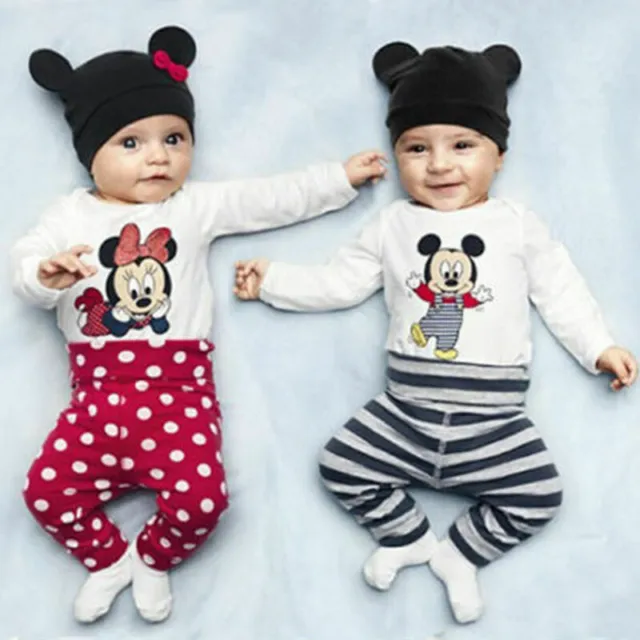 Baby Kinder Mädchen Jungen Mickey Maus 3tlg Strampler Langarm Hose Mütze Set DE