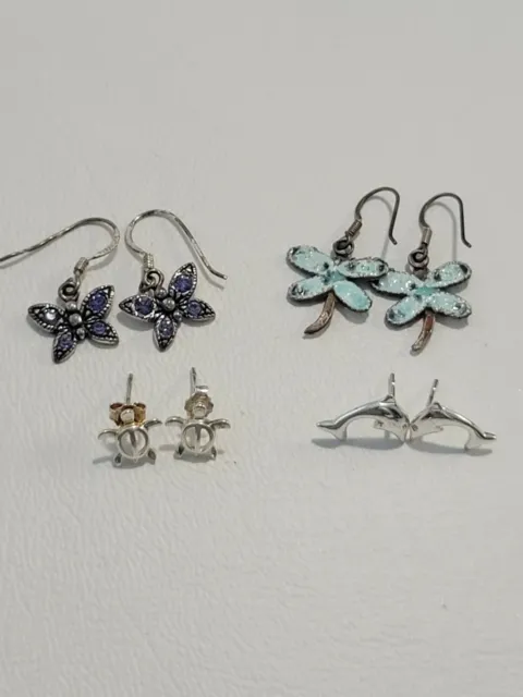 Sterling Earrings 925 Silver 4 Pairs Butterfly Dragonfly Turtle Dolphin Stud 723