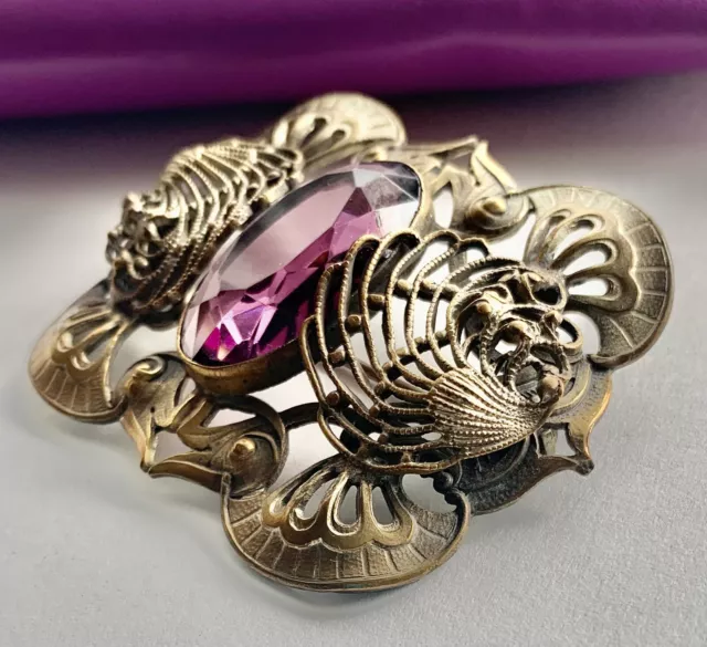 Antique Art Nouveau Art Deco Brass Large Sash Brooch w/Bezel Set Amethyst Glass