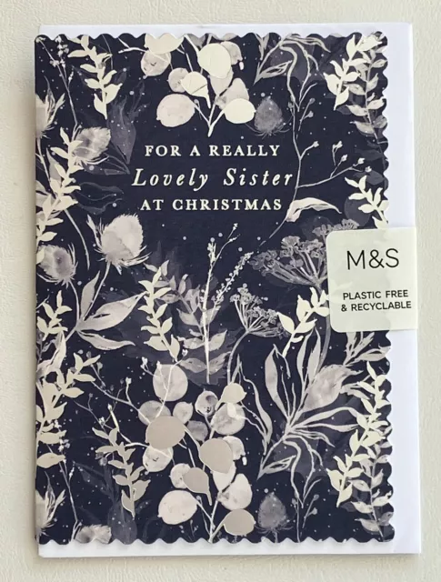 M&S SISTER Christmas Card - Navy Silver Plants - Charity - 6” x 4”