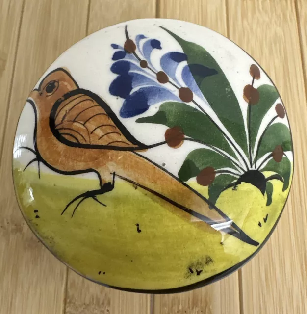 Vintage Mexico Pottery Hand Painted Round Trinket Box Lid Bird Signed