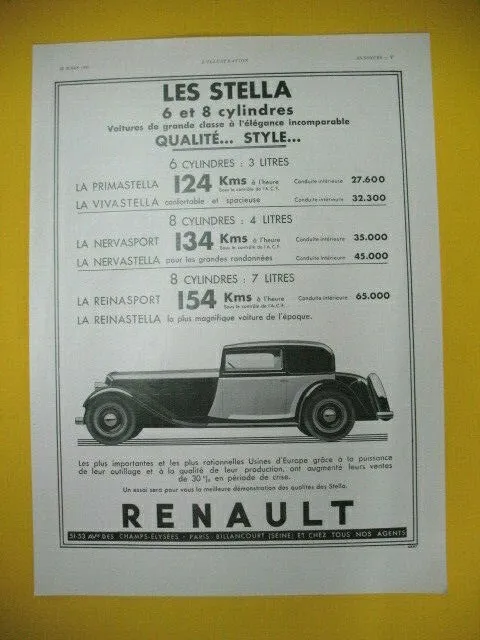 Publicite De Presse Renault Automobile Gamme Les Stella 6 Et 8 Cylindres 1933