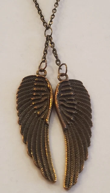 Bronze Double Angel Wings Fairy Pendant Chain Necklace 33" Feathered Detail