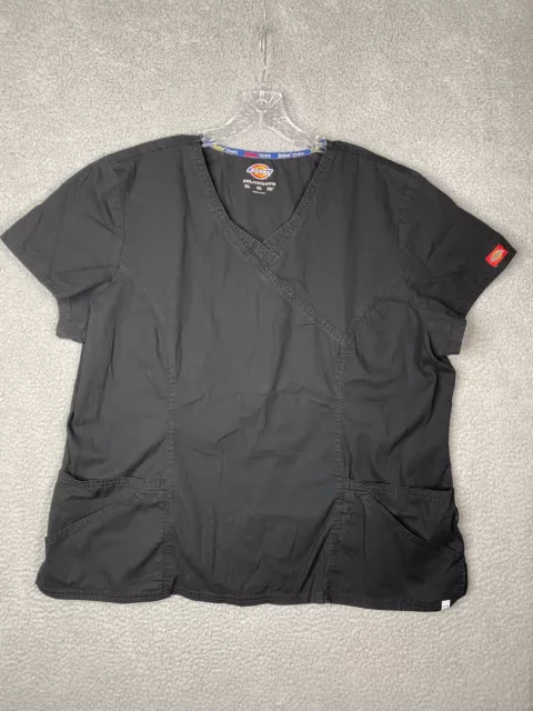 Dickies Scrub Top Womens 2XL Black Cotton Short Sleeve W/ Pocket Medical Nursing