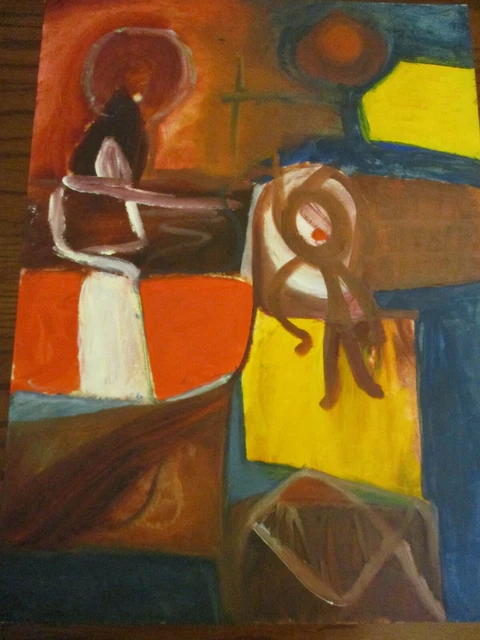 Mid Century Modern Modernist Abstract Gouache Watercolor Painting Signed Fujii!