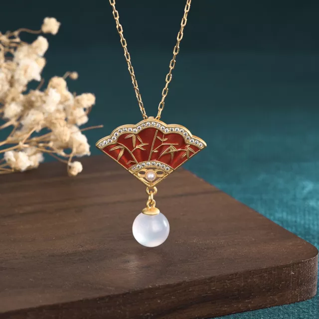 Jade Jewelry Cloisonne Fan Charm Colgante con collar de cadena chapado en oro