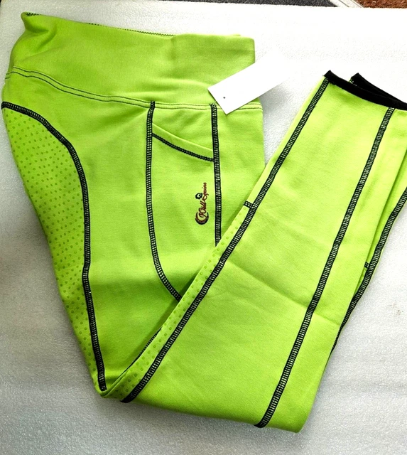 SILICONE GRIP HORSE Riding Leggings Phone Pocket,UK 14, 30" EU 42,LIME