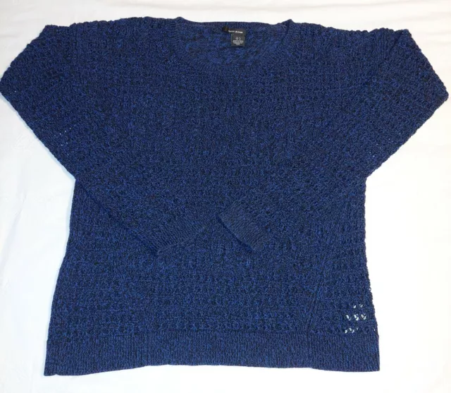 DKNY JEANS Womens Juniors Medium Blue Black Marled Open Knit Sweater Beautiful