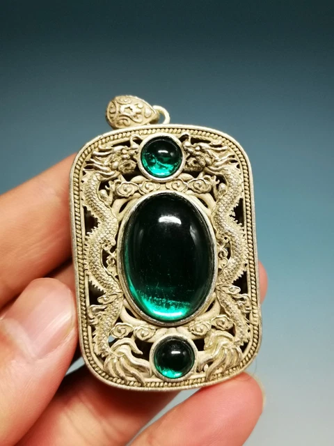 Amazing. Vintage Old Miao Silver Carved Dragon Inlaid Green Jade Pendant Y87