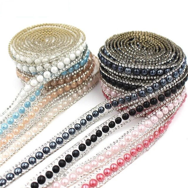 1yard Faux Pearl Trim Hotfix Tape Rhinestone Ribbon Iron on Clothing Applique