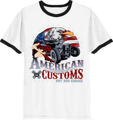 American Customs HOT ROD Garage T-shirt RINGER Uomo Retro T-shirt
