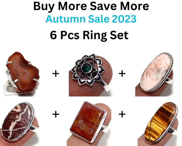 Slice,Green Topaz,Scolecite Coconut,Tiger Eye 6pcs Ring Combo Set 5.5 JW