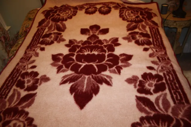 Vtg Wool Blanket Reversible 55x76 Floral rose red cream Thick & Warm  DEER label