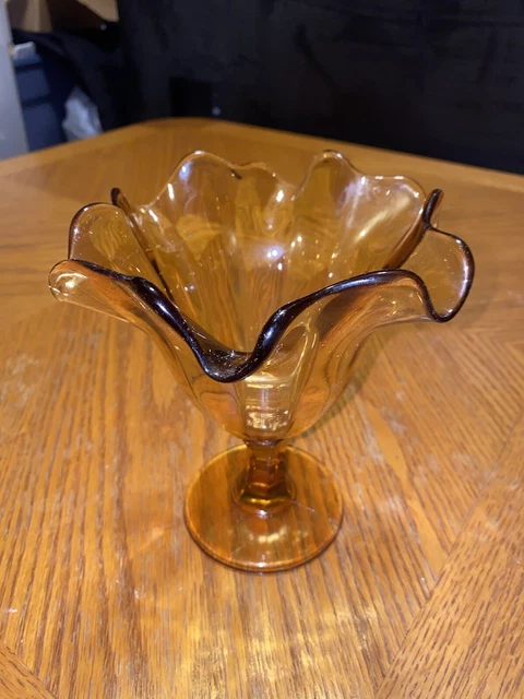 Fenton Fluted Rose Amber Glass Double Ruffle Footed Compote Candy Dish 6 3/8"