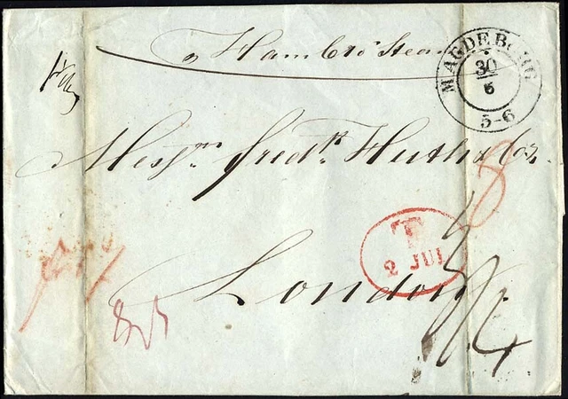 HAMBURG-GRENZÜBERGANGSSTEMPEL 1844, T 2 JUL, in rot auf Brief von Magdeburg (K2)