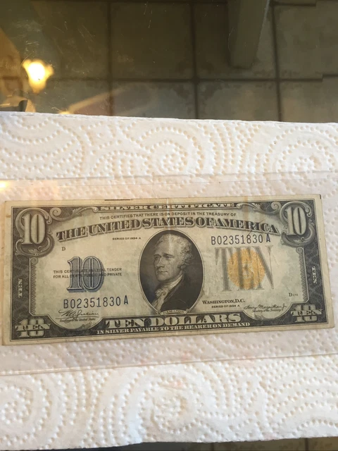 1934 A $10 SILVER CERTIFICATE - YELLOW SEAL North Africa