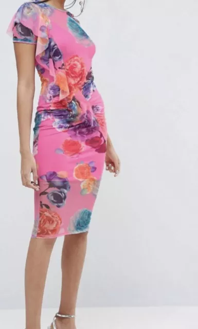 ASOS Pink Floral Printed Mesh Midi Dress With Frill illusion Detail SZ US 4 SEXY 3
