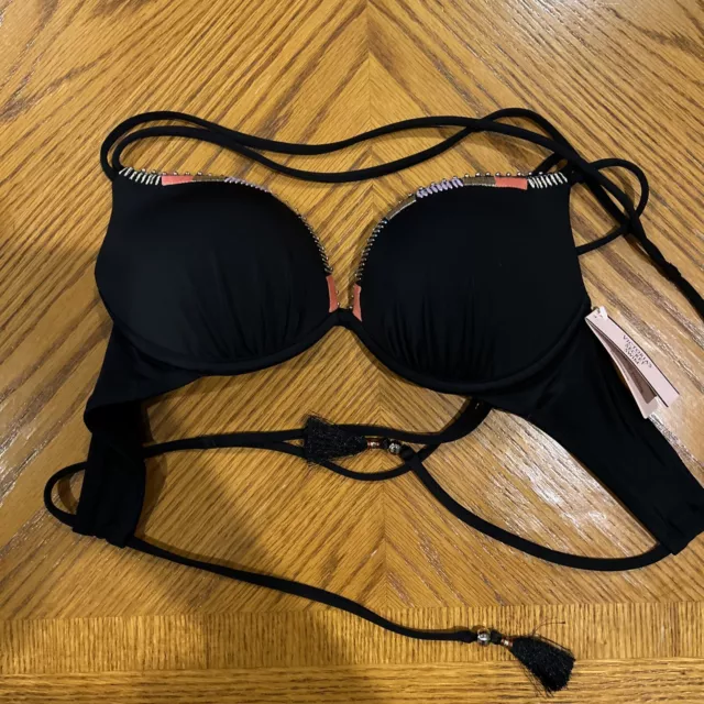 Victoria's Secret NWT NOS The Gorgeous Push Up Swim Bikini Top 34B BLACK GOLD