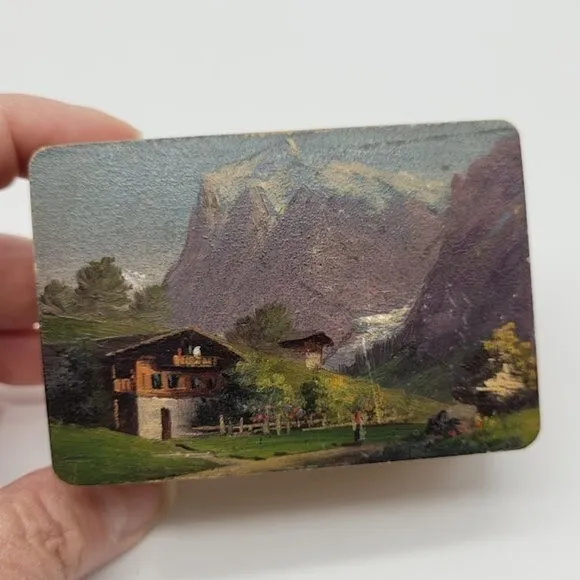 Vintage Hand Painted Wood Box Switzerland Mountain Scene Artist Souvenir Snuff