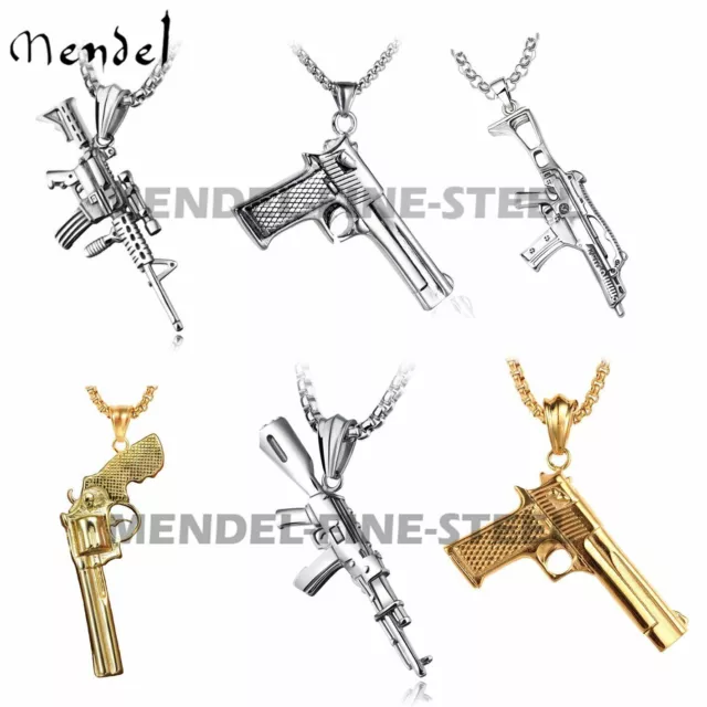 MENDEL Mens Gold Plated Revolver Pistol Gun Pendant Necklace Stainless Steel Men