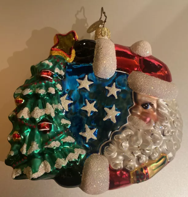 Christopher Radko Sparkly Glass Christmas Ornament Santa Crescent Moon