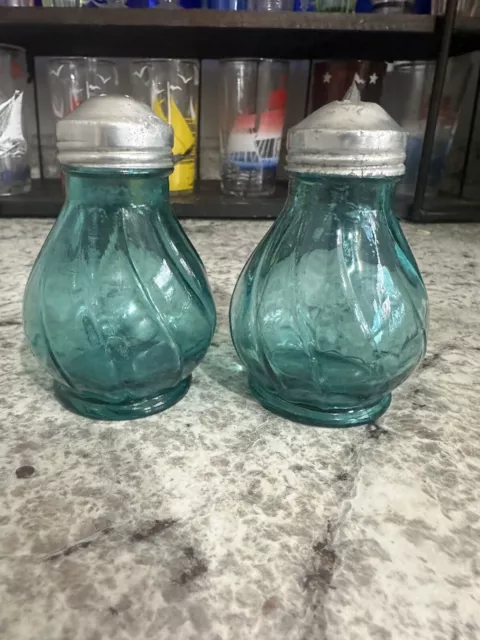 Jeannette Ultramarine Teal Swirl Salt And Pepper Shakers Depression Glass