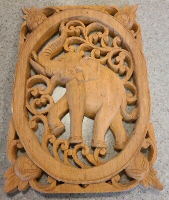 Vintage Hand Carved Elephant Panel Wall Art India Elephant Trunk High Up