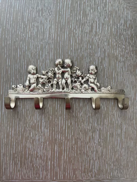 Vintage Brass Cherubs Flowers Key Holder Wall Mount Brass Hat Coat 5 Hook Hanger