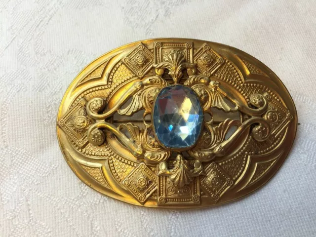 Antique Victorian Gold Tone Sash Pin Brooch w/ Blue Color Stone