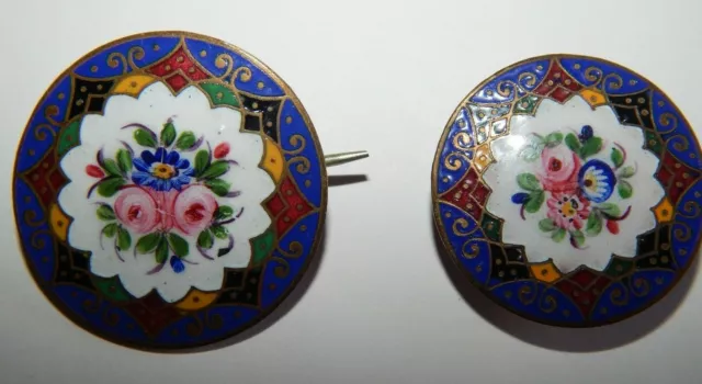 ANTIQUE VICTORIAN CHAMPLEVE ENAMEL BROOCH & Lge DRESS STUD  HAND-PAINTED FLOWERS